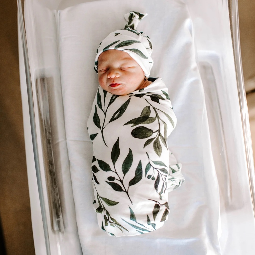 Olive Branch Print Baby Swaddle and Hat Set